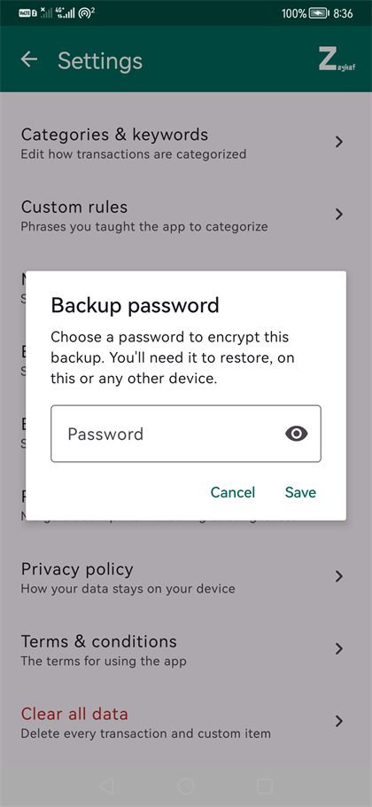Backup password dialog
