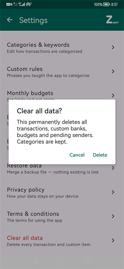 Clear all data confirmation