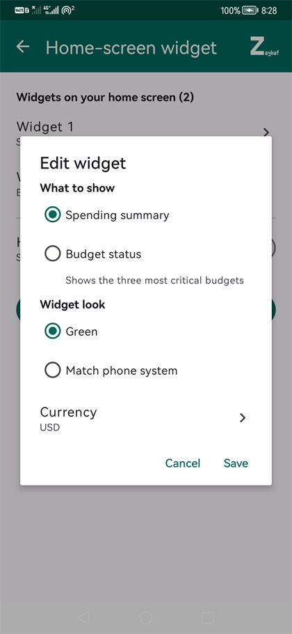 Widget options with currency set to USD