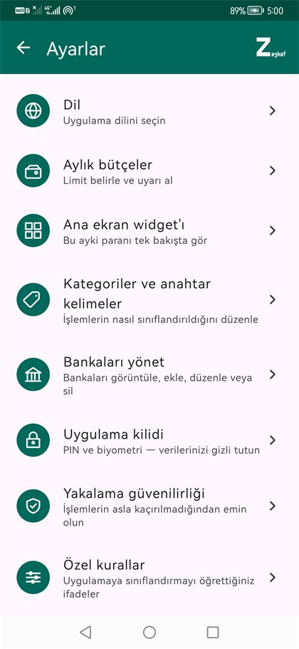 Ayarlar, üst kısım