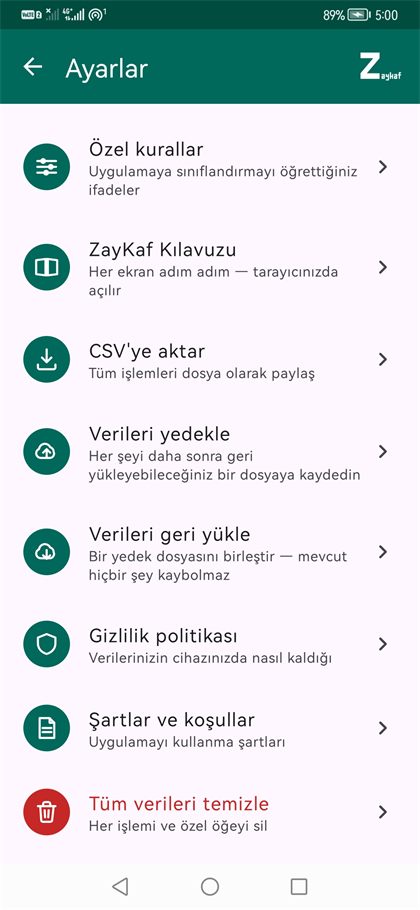 Ayarlar, alt kısım
