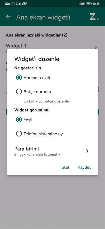 Widget seçenekleri