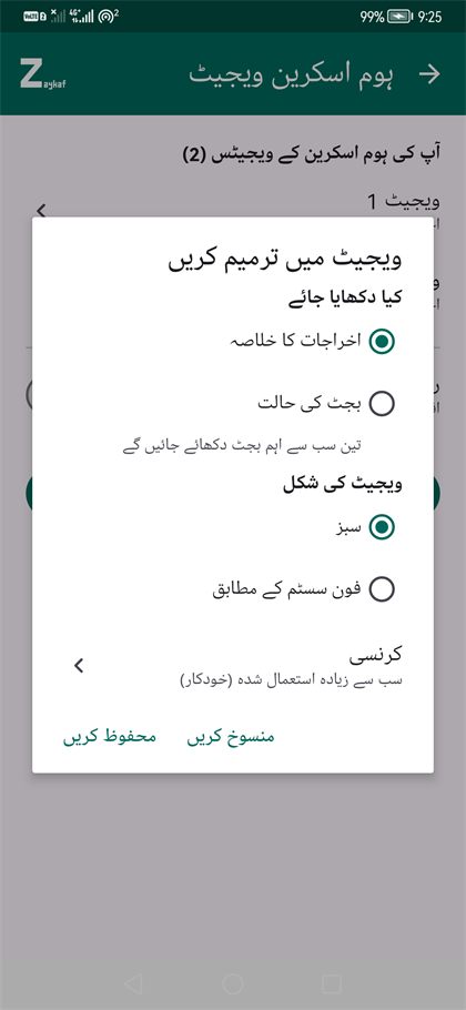 ویجیٹ کے اختیارات